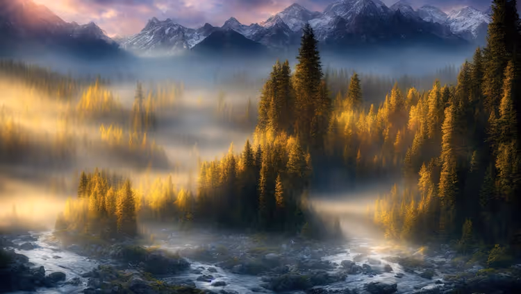 Paysage de montagne brumeux comme base d'un monde fantastique
